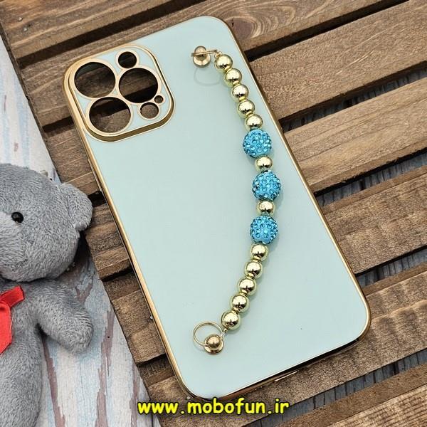 قاب گوشی iPhone 13 Pro Max آیفون طرح مای کیس گلد لاین لاکچری دستبندی نگین دار مرواریدی سبزآبی کد 602